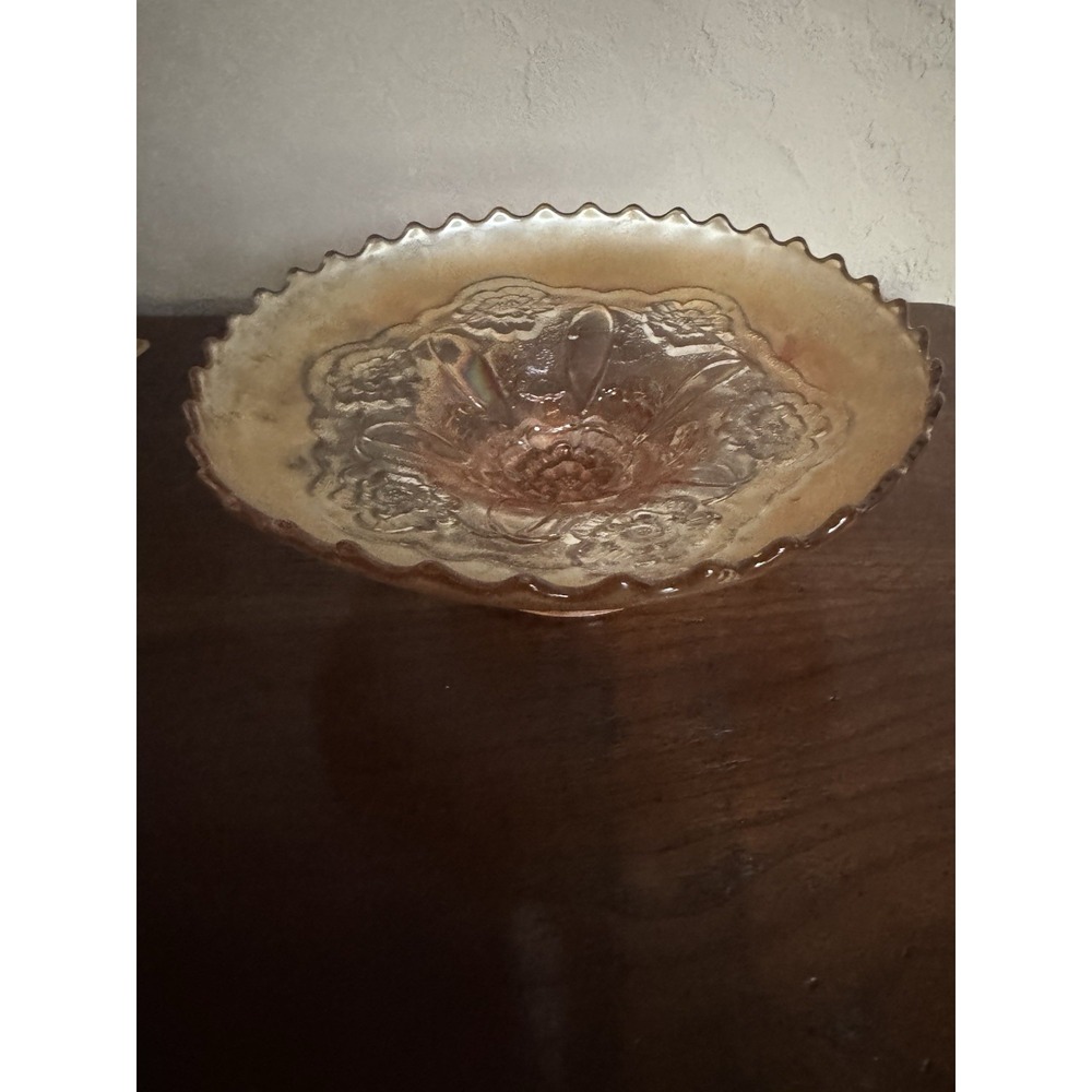Antique Dugan Marigold Carnival Glass Double Stem Rose Ruffled Bowl 8.5 In